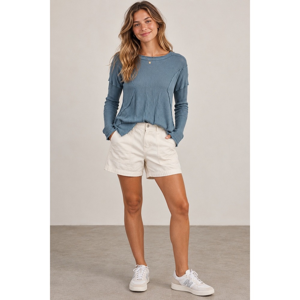 Indigo Thread Co Blue Waffle Knit Top & Gap Cream Utility Shorts Set outfit L/XL